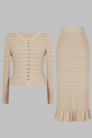 Knitted Two-Piece Set with Rhinestone Detailing – Cardigan & Midi Long Skirt