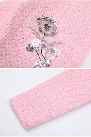 Knitted Sequin Floral Embellished Cardigan and High-Waist Pencil Skirt Set