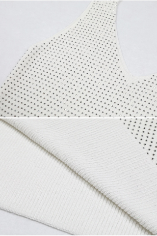 Sleeveless Knit Long Dress with V-Neck and Rhinestone Embellishment