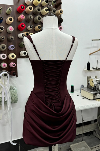 Draped Corset Mini Dress – Square Neck Satin Ruched Bodycon Dress