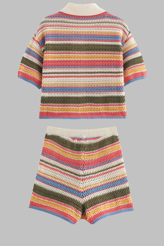 Striped Crochet Knit Two-Piece Set with Short Sleeve Button Top and High-Waist Shorts