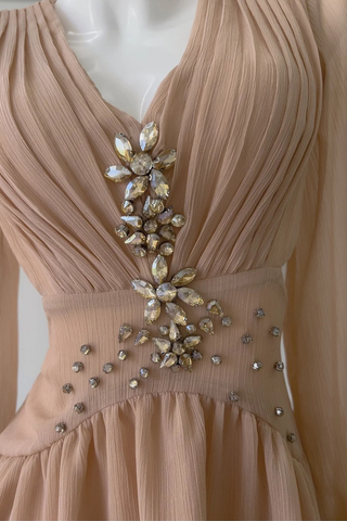 Pleated Chiffon Mini Dress with Long Sleeves and Crystal Embellished Waist