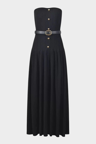 Strapless Pleated Knit Long Dress with Belt – Elegant Stretch Fabric