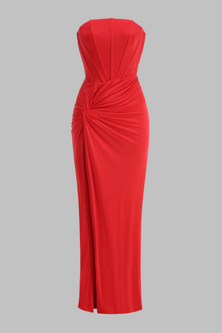 Luxury Strapless Satin Evening Long Dress with Boned Corset and High Slit Twist Draping