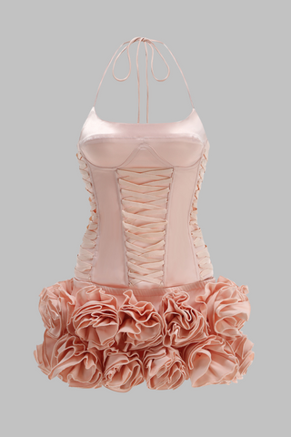 Rosette Bloom Hourglass Corset Mini Dress with  3D Ruffled Skirt in Blush Satin
