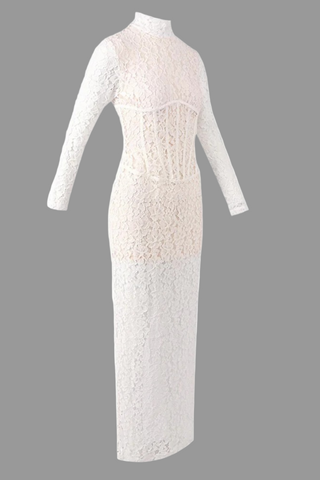 Long Sleeve High-Neck Lace Maxi Dress with Sheer Corset Design
