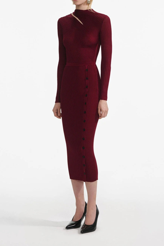 Long Sleeve Ribbed Knit Midi Dress with Asymmetrical Cutout and Button Slit