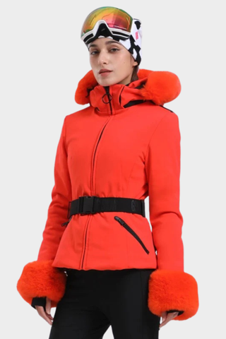 Tailored Ski Jacket with Belted Waist, Fur Details, and Long-Sleeve Design