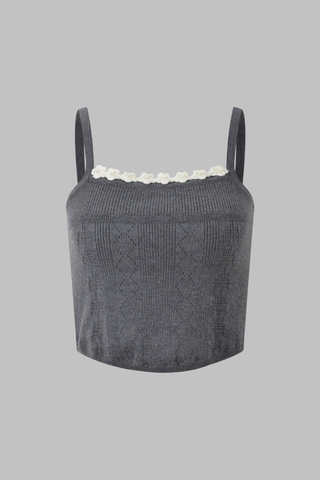 Charcoal Gray Three-Piece Knitted Set with White Floral Trim – Cardigan, Top & Pleated Mini Skirt