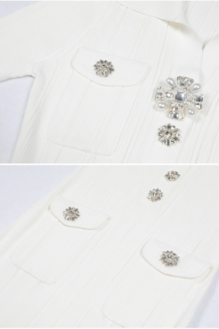 Short Sleeve Knit Long Dress with Rhinestone Buttons and Collar