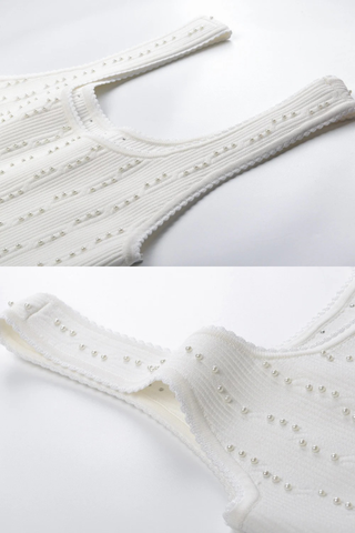 Pearl-Embellished Sculpted Knit Mini Dress with Flared Fit