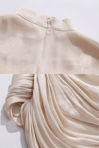 Draped Sheer Layered Dress with High Neck and Flared Cuffs