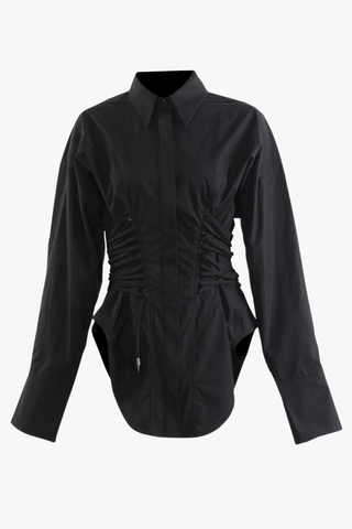 Long Sleeve Corset Waist Button-Up Shirt Dress with Lace-Up Back