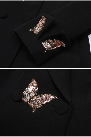 Structured Long Sleeve Tailored Blazer with Hand-Embellished Butterfly Detail