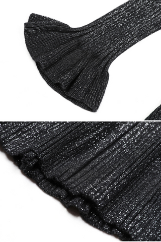 Knit Ribbed Button-Down Flare Maxi Dress with Fluted Cuffs – Long Sleeve Bodycon Elegant Style