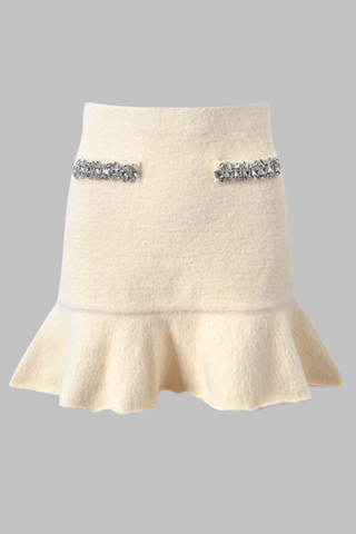 Crystal-Embellished Soft Wool Set – Cream Beige Cropped Jacket and Ruffled Mini Skirt