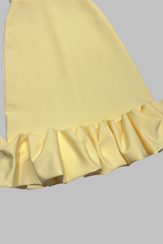 Yellow Sweetheart Neck Bandage Midi Dress with Ruffle Fishtail Hem
