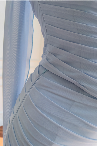 Light Blue Mesh Ruched  Set – Strapless Bustier Top & Fishtail Maxi Skirt with Sheer Scarf