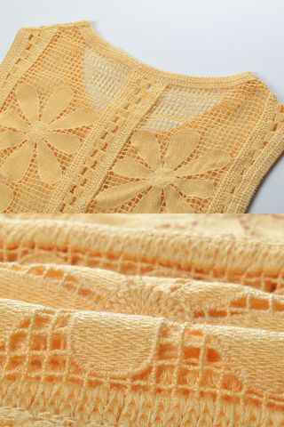 Sunflower Lace Embroidered Hollow Knit Sleeveless Button Up Top & Flared Pants Set