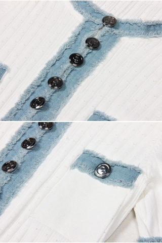 Short Sleeves Denim-Trimmed Knitted Long Dress