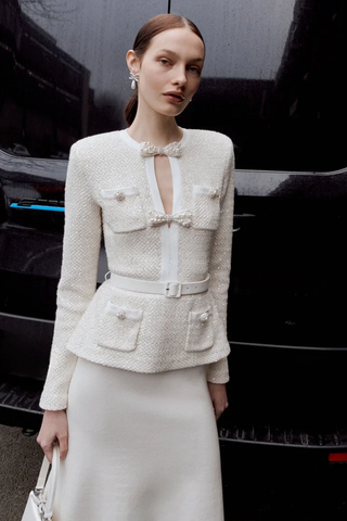 Tweed Embellished Long-Sleeve Top & Wool Long Skirt Two-Piece Set