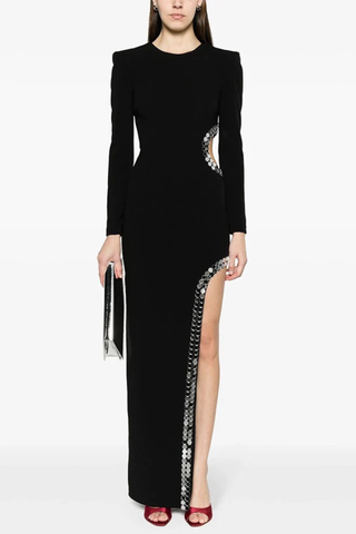 Long Sleeve Black Long Dress with Sequin Cutout Detailing and High Slit