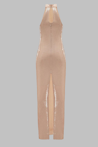 High-Shine Sequin Halter Neck Evening Long Dress with Back Slit and Pearl Button Detail