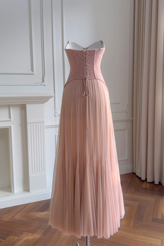 Romantic Blush Lace-Up Corset Maxi Dress with Sweetheart Neckline & Flowing Pleated Skirt