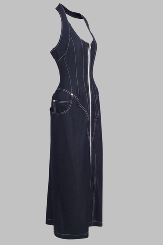 Halter Neck Denim Long Dress with Front Zip and Contour Stitching