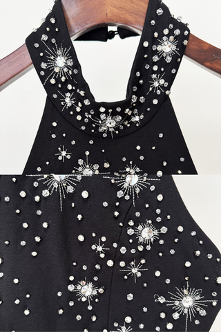 Crystal Starburst Halter Long Dress with Side Slit and High Neck Embellishment