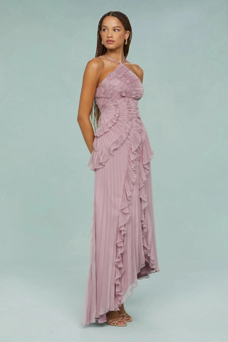 Halter Neck Pleated Ruffle Long Dress