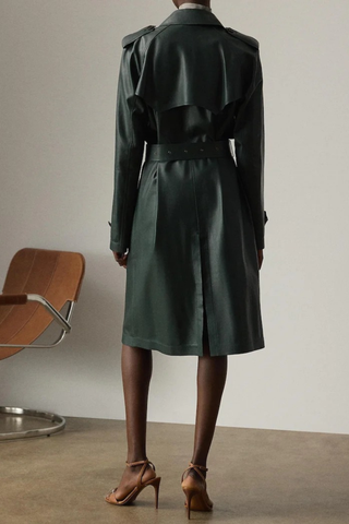 Long Sleeve Double-Breasted Faux Leather Trench Coat with Belt