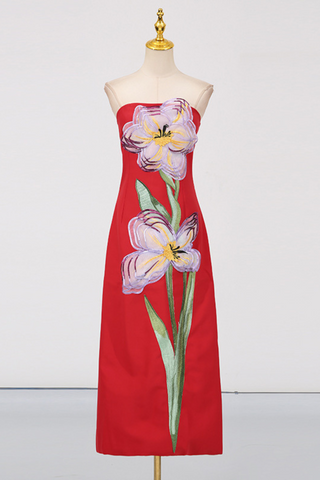 Strapless Floral Embroidered  Multicolor 3D Appliqué Slim Fit Long Dress