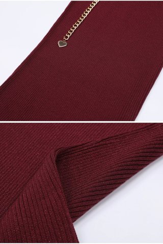 Metallic Ribbed Knit Long Sleeve Midi Dress with Gold Chain Belt