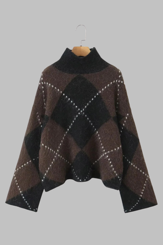 Fuzzy Argyle Knit Set – High-Neck Sweater and Mini Skirt