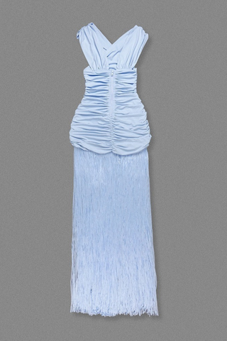 Sleeveless Ruched Mesh Long Dress with Fringed Hem and Crisscross Draping