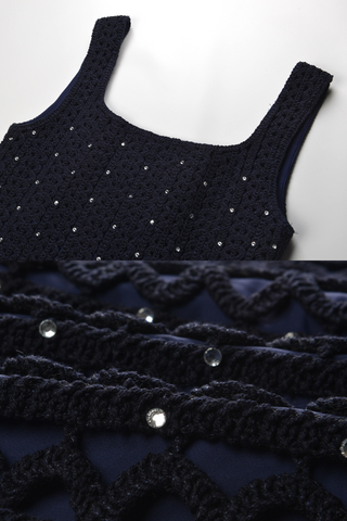 Navy Beaded Hollow Crochet Knit Mini Dress with Crystal Embellishments and Square Neckline
