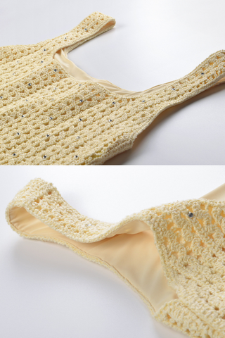 Crystal Embellished Sleeveless Crochet Long Dress with Lining