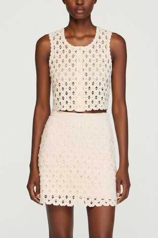 Sleeveless Pearl Floral Knit Top & Mini Skirt Set