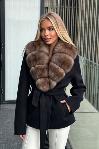 Plush Faux Fur Collar Belted Long-Sleeve Jacket