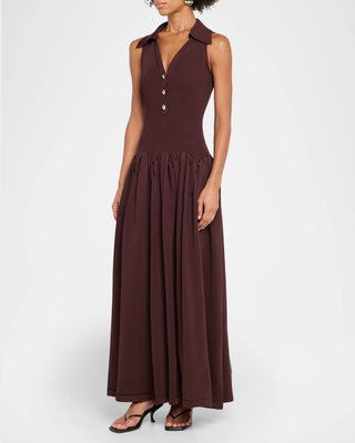 Ribbed Knit Sleeveless Collared V-Neck Long Dress with Gold Buttons & Flared Skirt