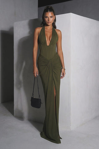 Halter Neck Corset Sleeveless Long Dress with Draped Slit