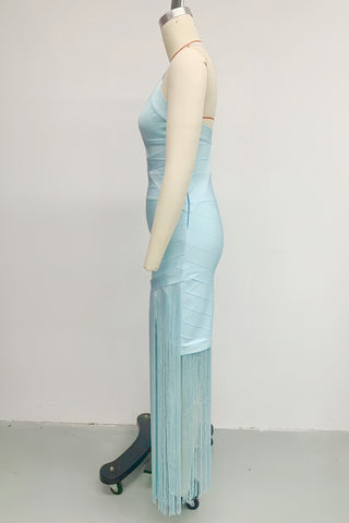 Luxe Sleeveless Fringe Bandage Midi Dress with Deep V-Neck