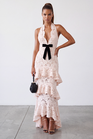 Floral Lace Halter Long Dress with Tiered Ruffles & Bow Detail