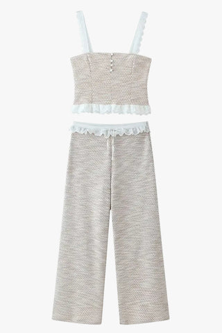 Textured Tweed Lace Trim Sleeveless Crop Top & Wide Leg Pants Set