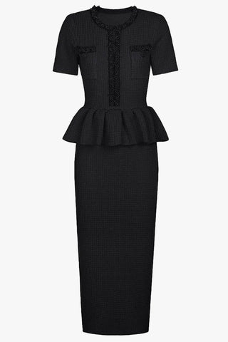 Pearl Embellished Tweed Peplum Midi Dress with Short Sleeves