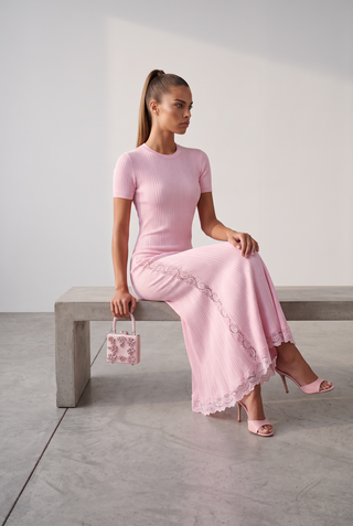 Ribbed Knit Round Neck Short Sleeve Long Dress with Lace Panels & Ruffle Hem