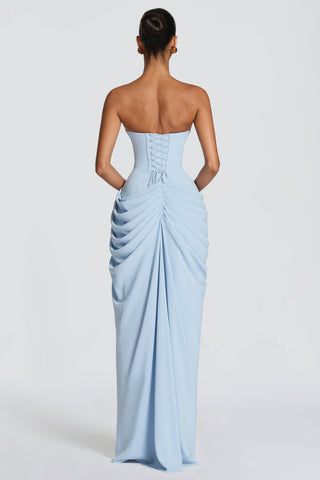 Strapless Ruched Long Dress with High Slit – Draped Waist & Smooth Fit