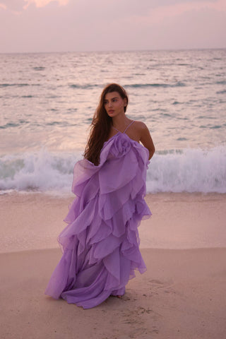 Floral Ruffle Organza Long Dress with Halter Neck