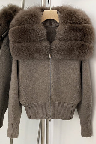 Faux Fur Collar Knitted Zip-Up Jacket